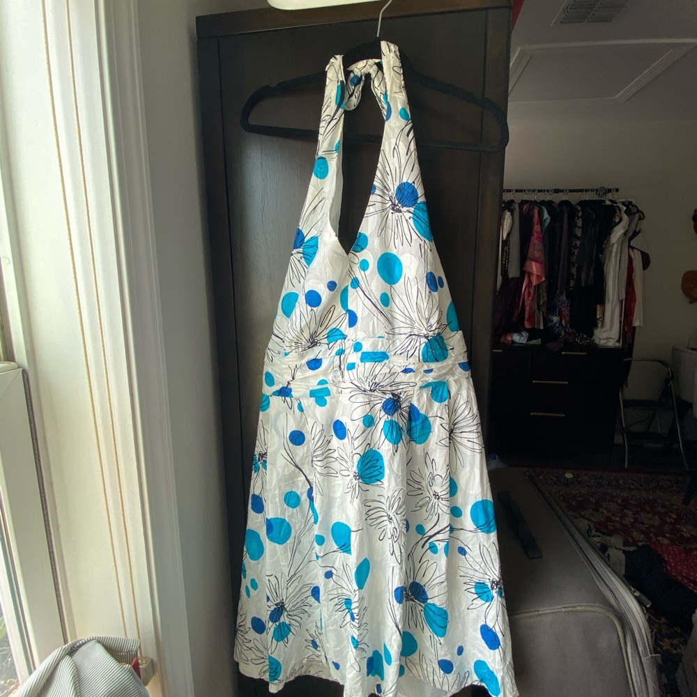 Floral White Halter Dress with Blue Polka Dots and Flowers